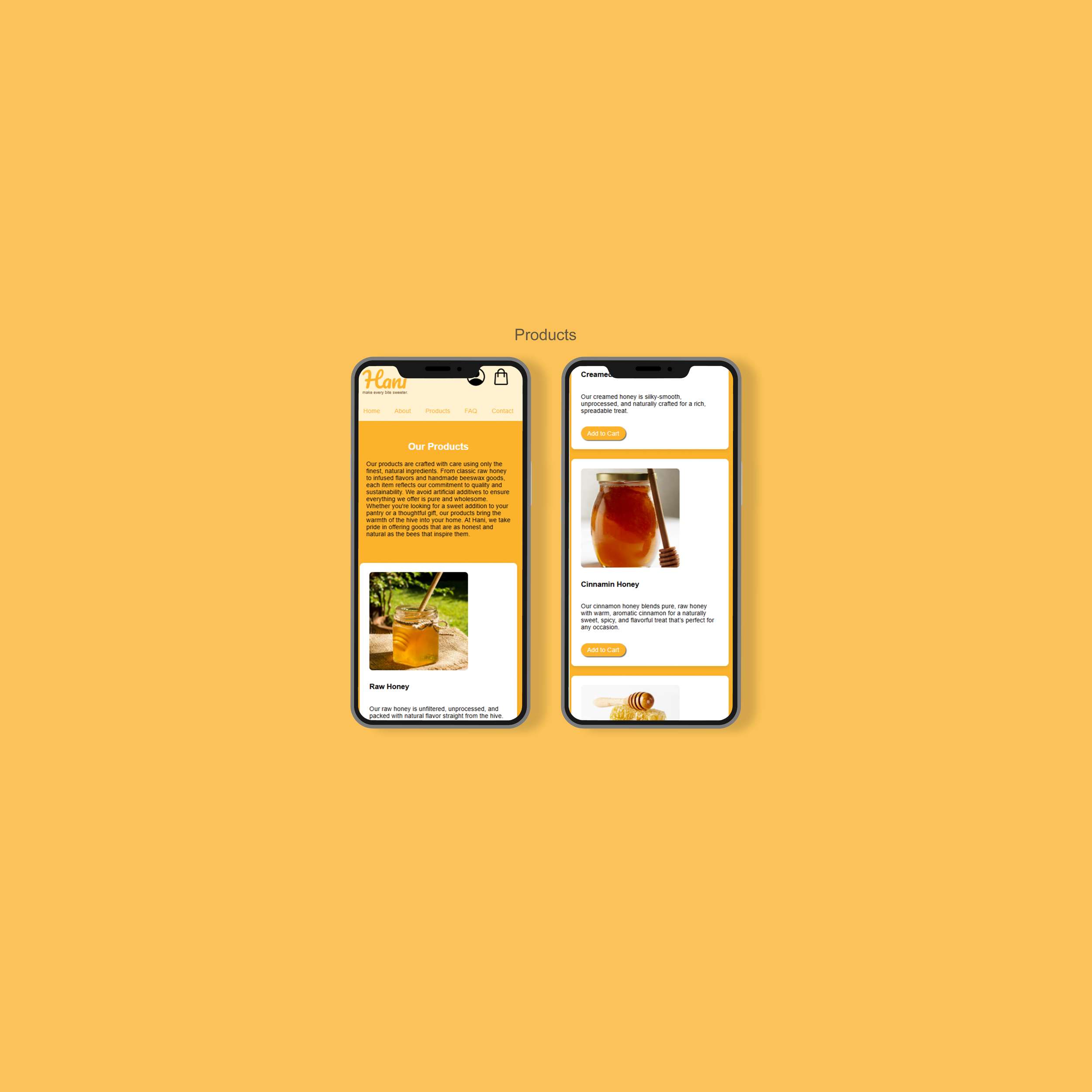 Two smartphones displaying a honey product website with sections for different honey products like raw honey and cinnamon honey.