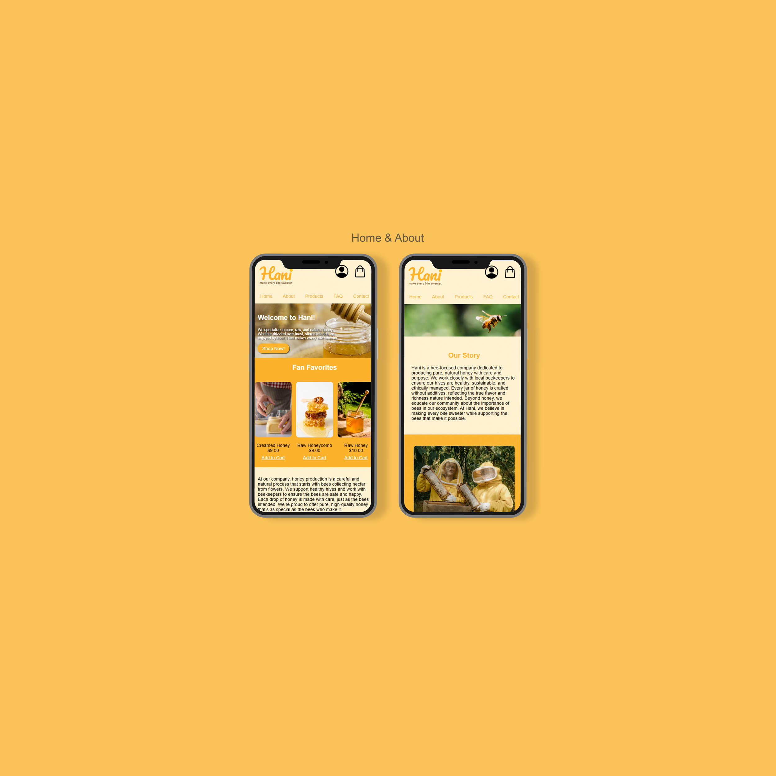 Two smartphone screens displaying a honey-themed website, with images of honey jars, bees, and beekeepers, set against a yellow background.