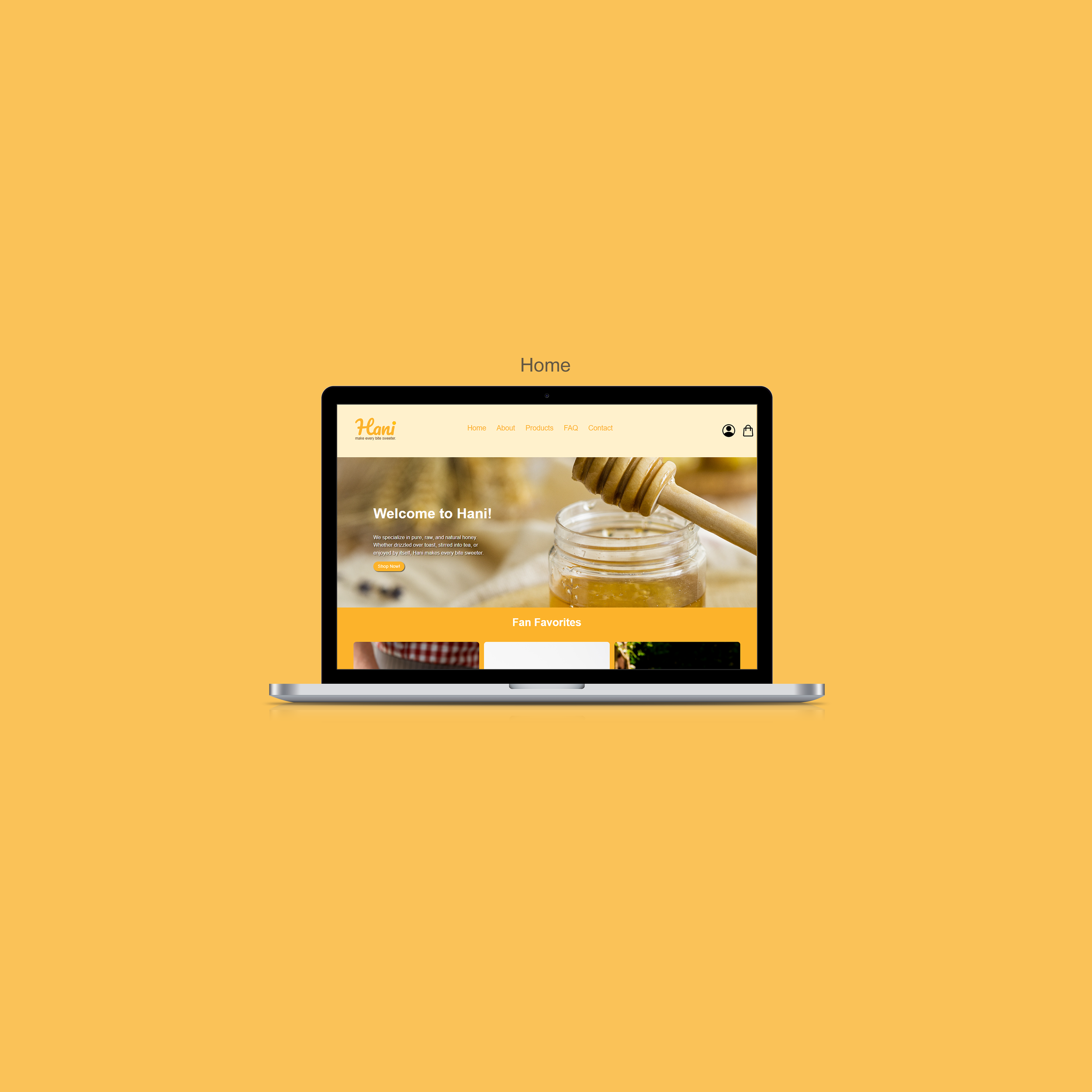 A laptop on a yellow background displaying a honey product website with a jar of honey and a honey dipper on the screen.