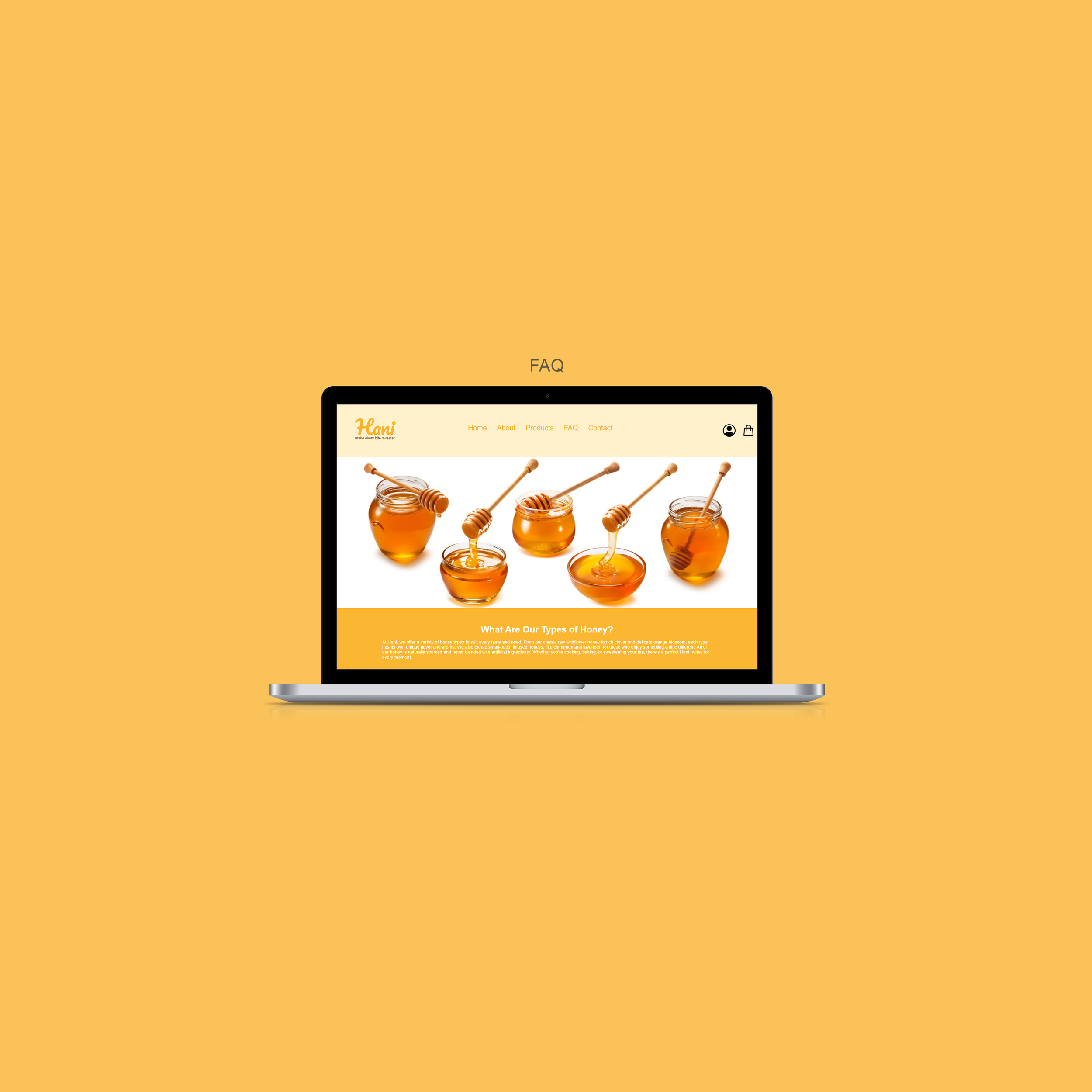 Laptop displaying a webpage about honey, with images of jars and honey dippers filled with honey on the screen, set against a yellow background.