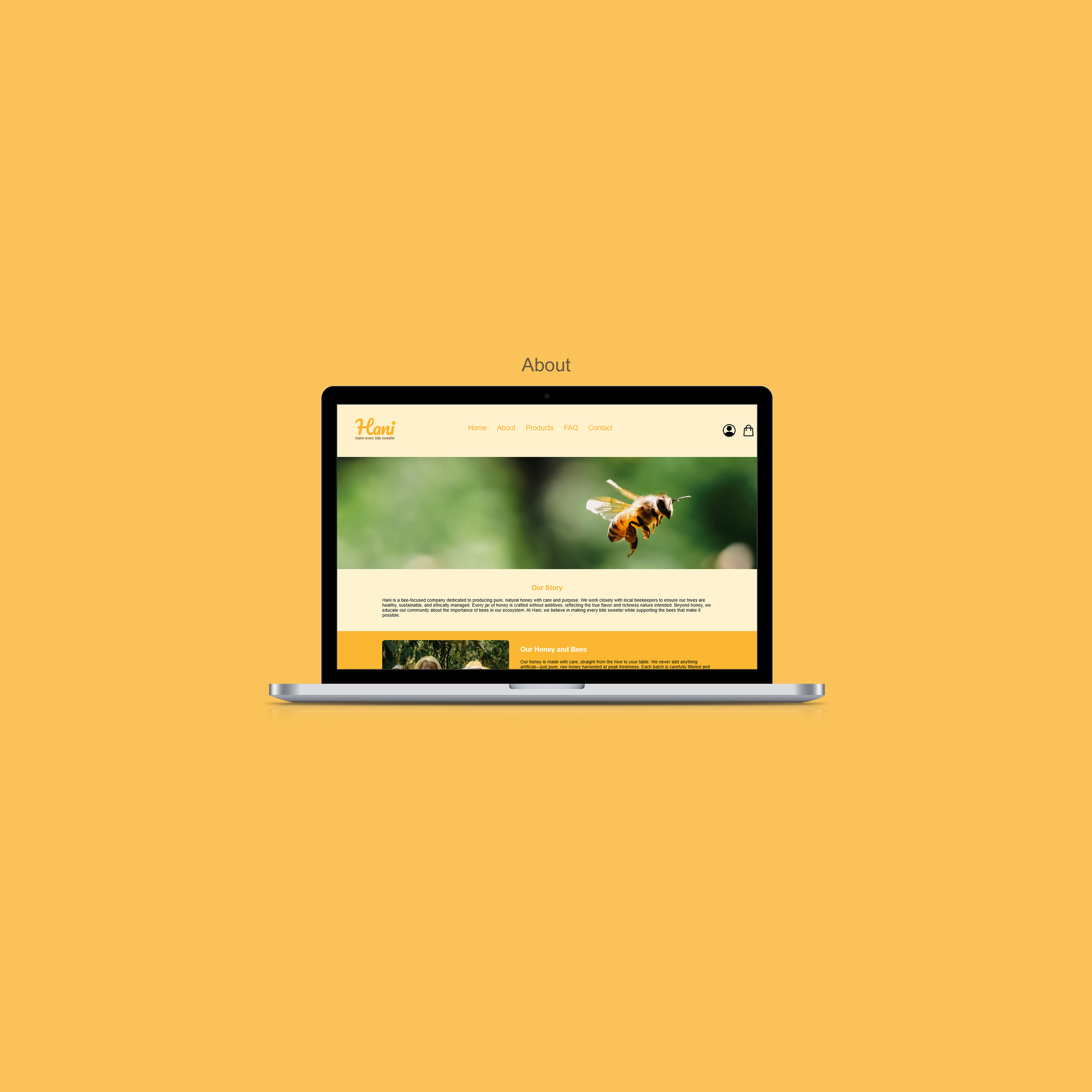 Laptop displaying a website about honey bees on a yellow background.