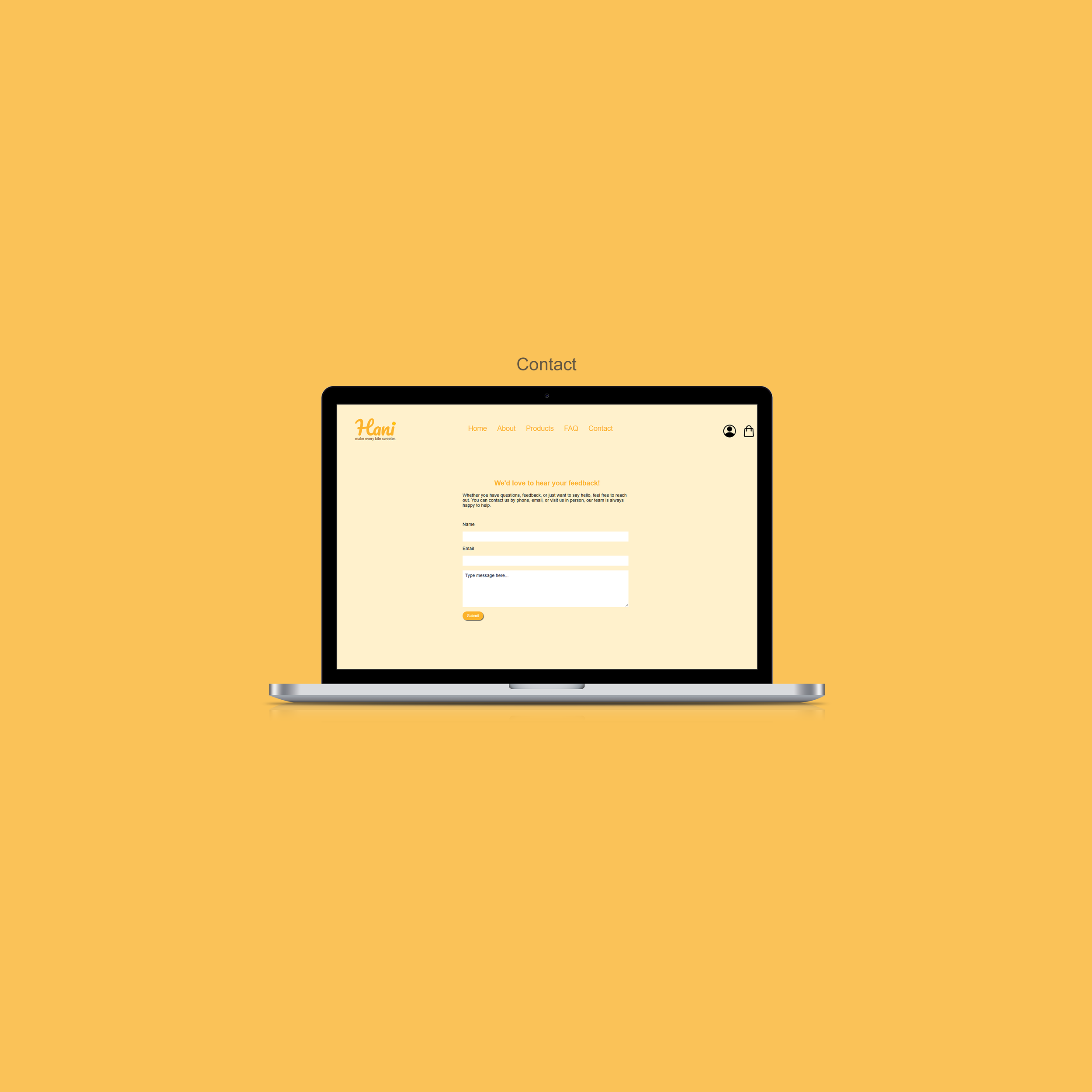 Laptop displaying a contact page for a website named Hani, against an orange background.