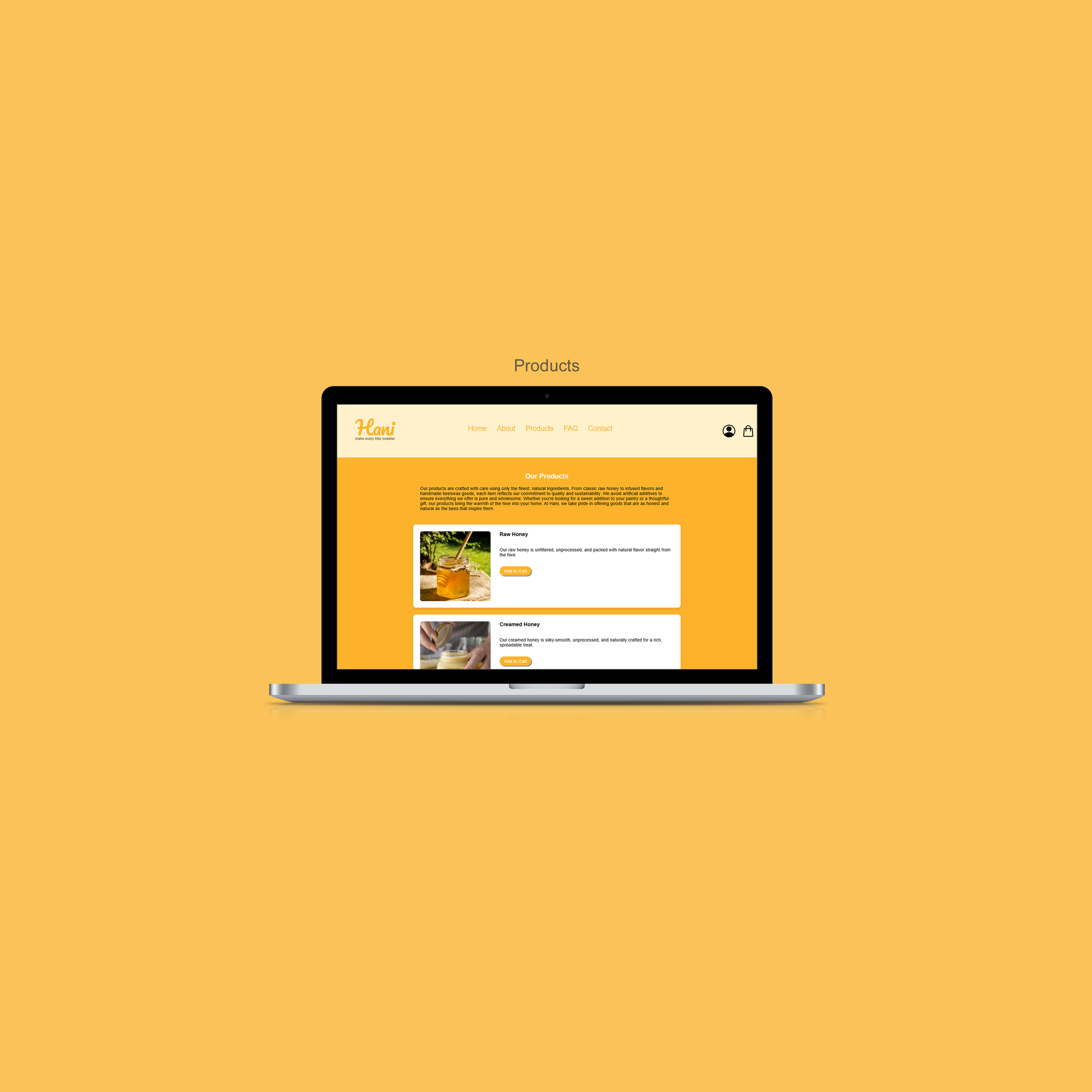Laptop displaying a website with a yellow background that features honey products, including raw honey and creamed honey.