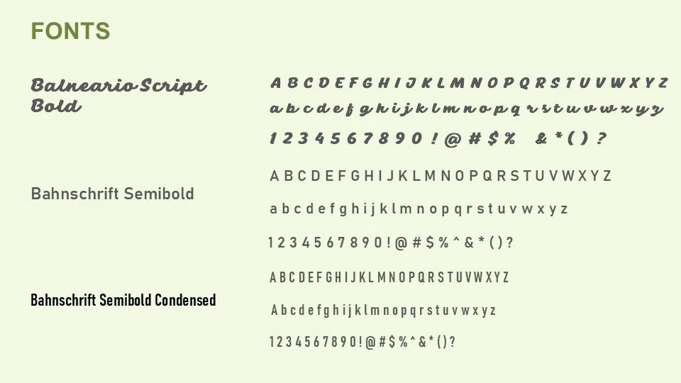 A display of different font styles, including Balneario Script, Bahnhof Script Semibold, and Bahnhof Script Semibold Condensed with sample alphabet characters and symbols.