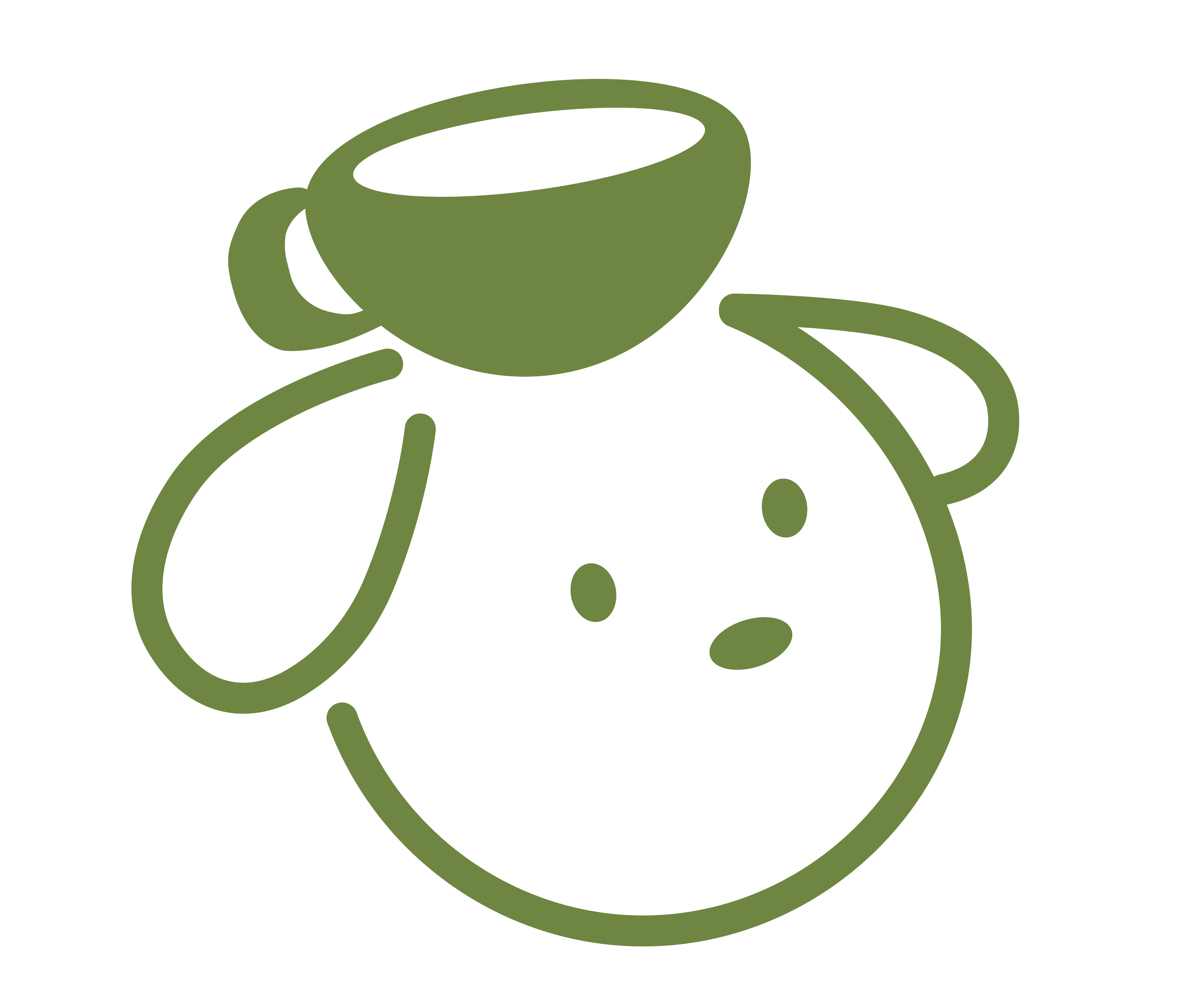 Simplified illustration of a bear with a coffee cup on its head, drawn with green lines.