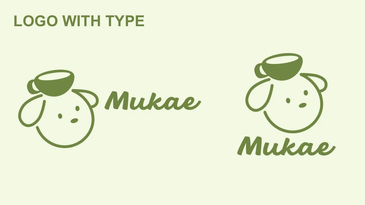 A presentation slide showing two logo examples of a cartoon cow face with a cup on its head, with the word 'Mukae' in cursive text next to each logo, on a light green background.