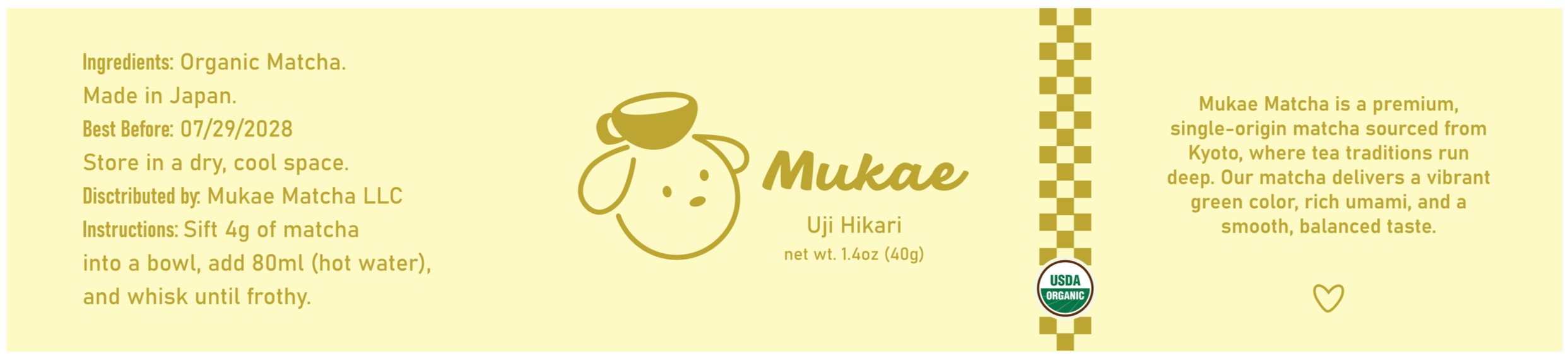 Packaging label for Mukae Matcha from Japan, featuring a cartoon lamb and information about ingredients, storage, instructions, and product details.