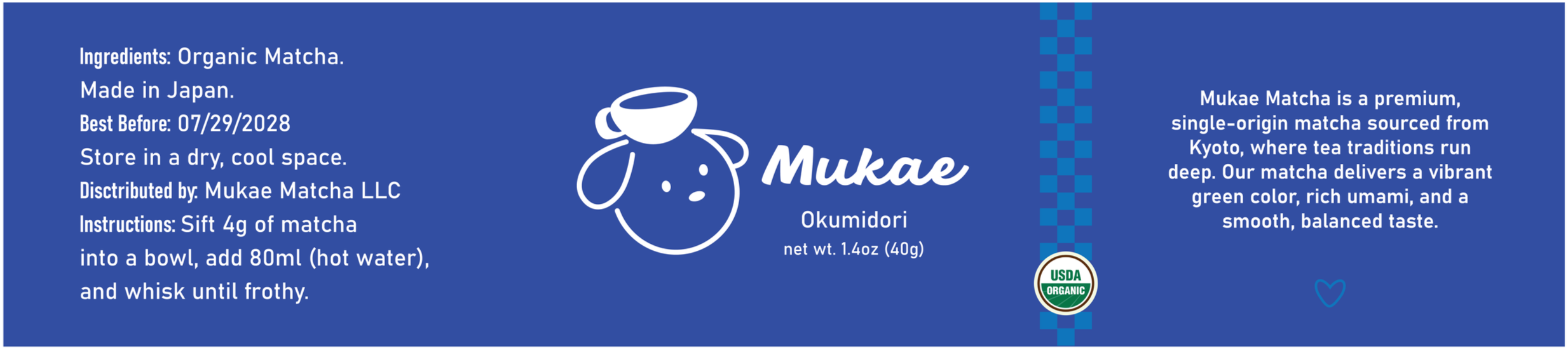 A blue label or packaging for Mukea Okumidori matcha, with white text detailing ingredients, origin, best before date, storage instructions, and company information. Includes a white cartoon sheep and a blue heart icon, and a green USDA Organic seal.