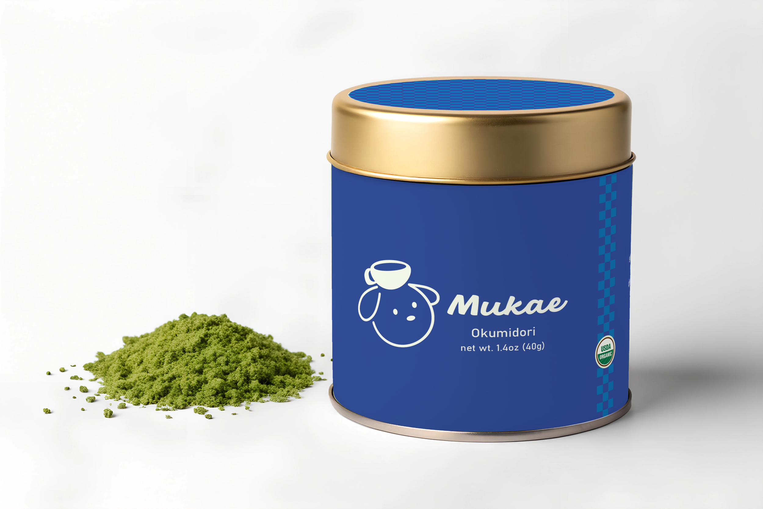 A blue container labeled "Mukae Okumidori" with a gold lid.