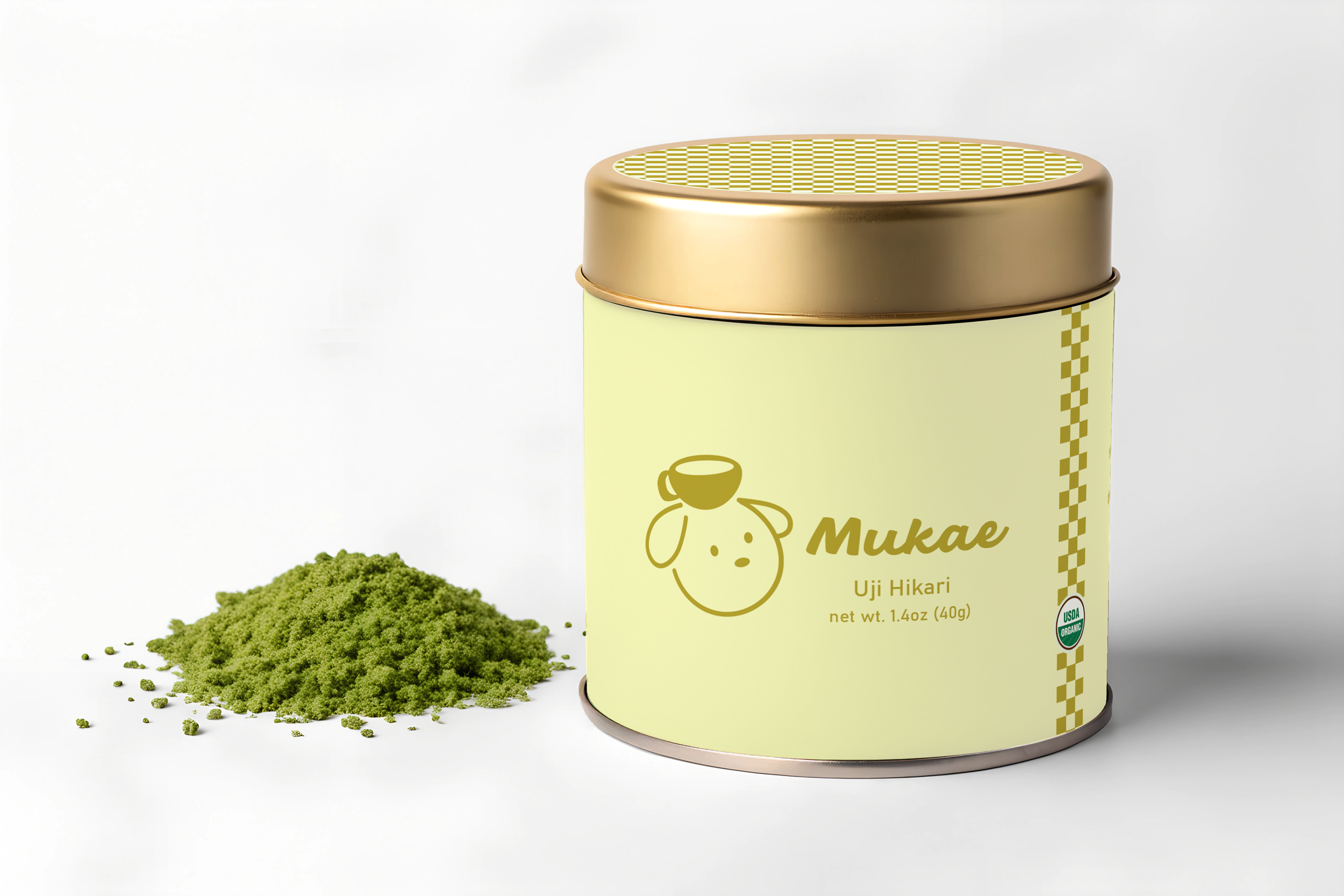 A metal container labeled 'Mukae Uji Hikari'.