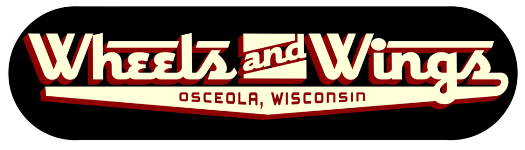 Logo for Wheels and Wings in Osceola, Wisconsin with bold red and white text on a black background.