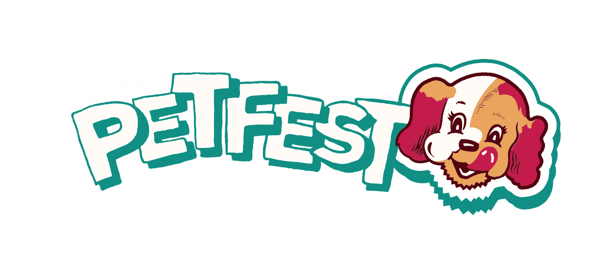 Logo with the word "PETFEST" in stylized letters and a cartoon dog face with brown fur and red ears.