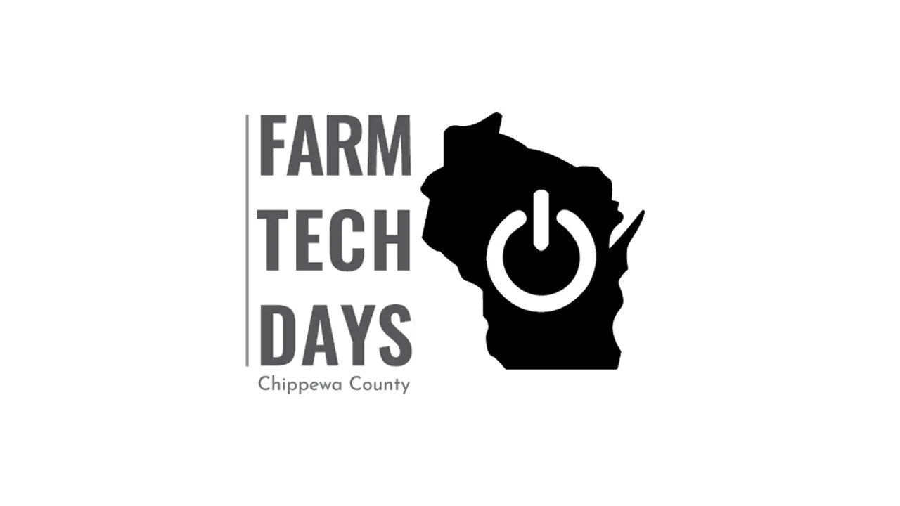 Logo for Farm Tech Days in Chippewa County featuring a black outline of Wisconsin with a power button symbol in the center.