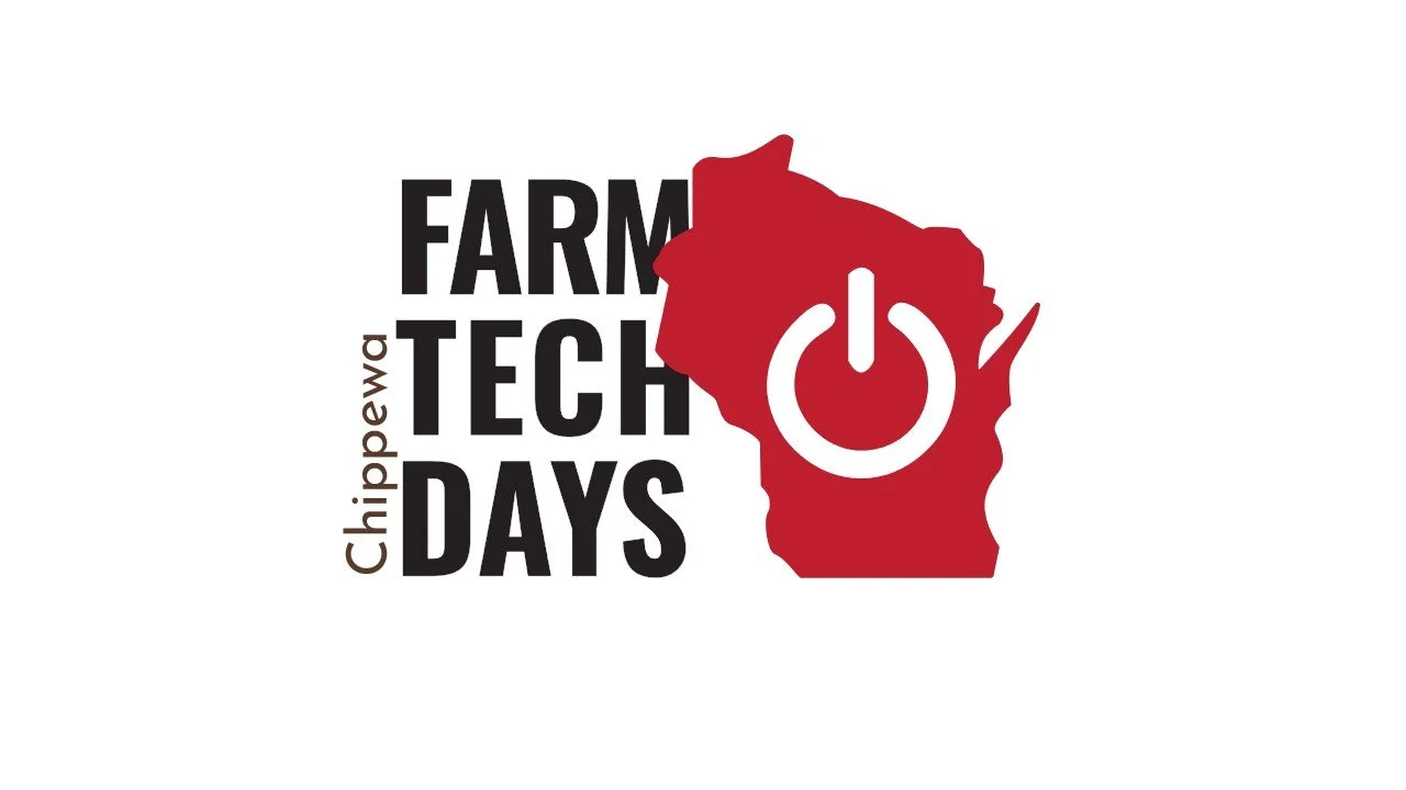 Logo for Chippewa Farm Tech Days featuring a red outline of Wisconsin with a white power button symbol over it, and the text "Chippewa Farm Tech Days" arranged vertically on the left side.