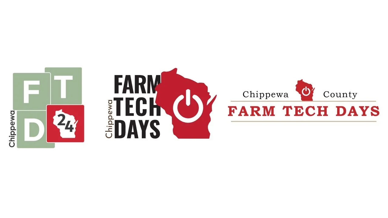 Logos for Chippewa County Farm Tech Days in Wisconsin, featuring stylized text, a red map of Wisconsin with a power button icon, and green and red color themes.