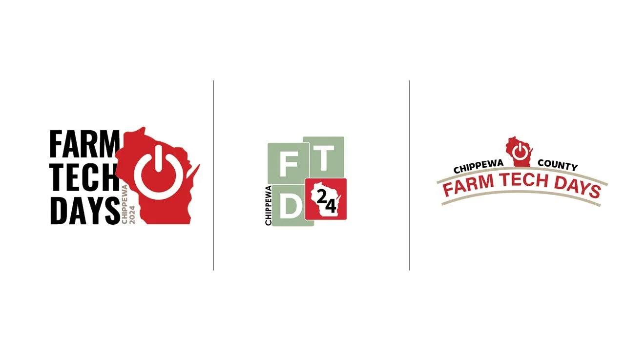 Three logos for Chippewa County Farm Tech Days. The first logo features a red outline of Wisconsin with a power button symbol inside and the text 'Farm Tech Days Chippewa County 2024.' The second logo has green blocks with letters 'F T D' and a red o