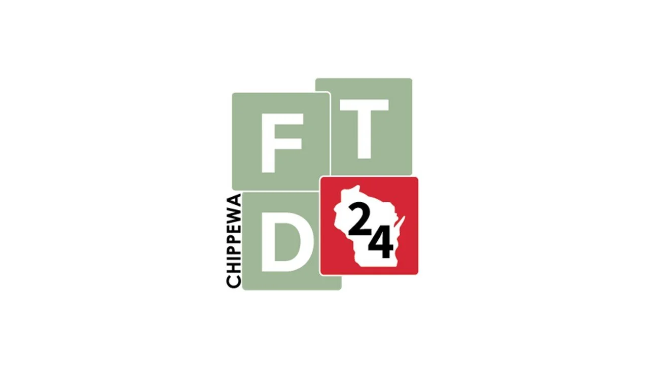 Graphic with green tiles displaying the letters F, T, D, and a red tile with a Wisconsin state outline, the number 24, and a red background; the word Chippewa is written vertically next to the left side of the tiles.