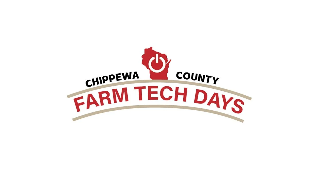 Logo for Chippewa County Farm Tech Days featuring a red outline of Wisconsin with a power button symbol in the center, above the text 'Chippewa County' and 'Farm Tech Days' in red and black.
