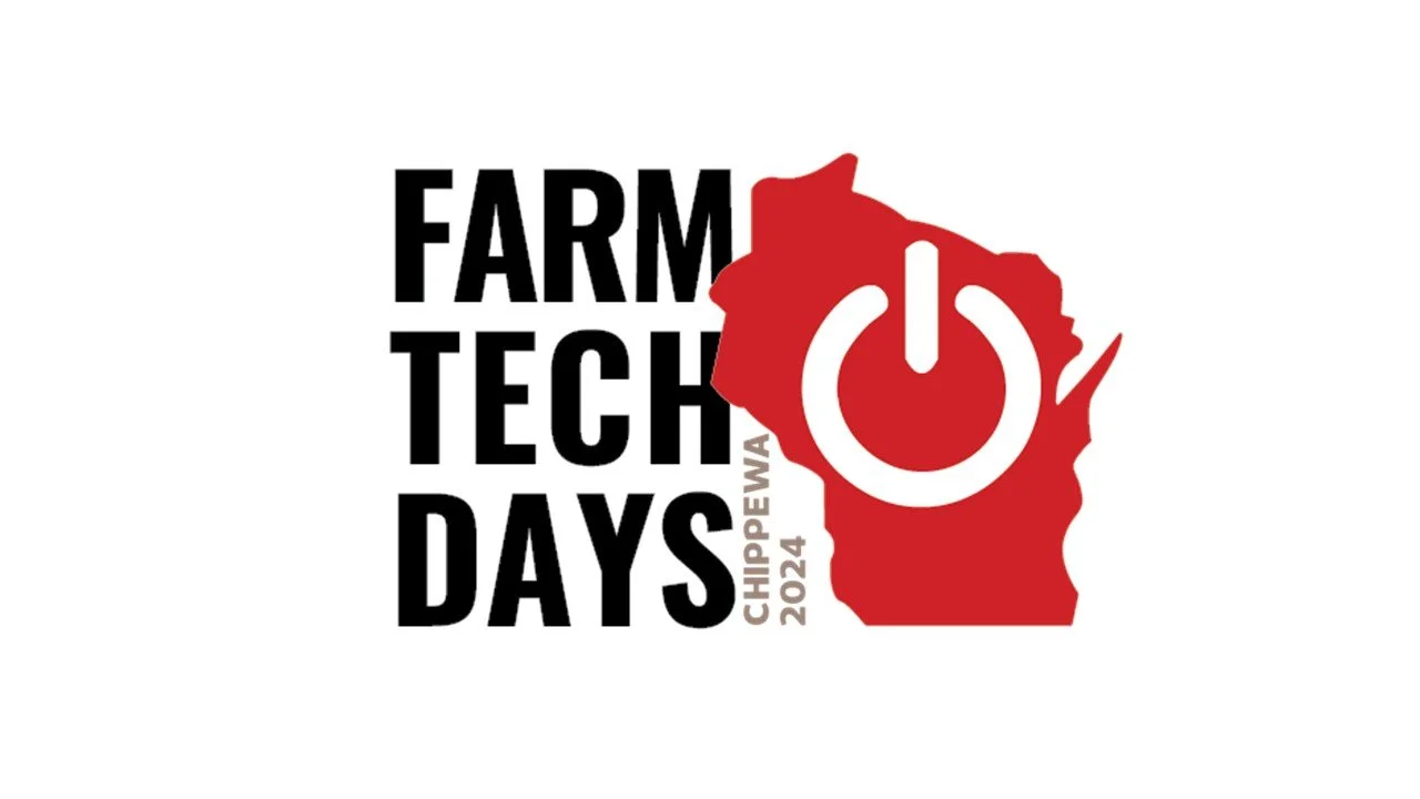 Logo for Farm Tech Days Chippewa 2024 featuring a stylized map of Wisconsin with a power button symbol.