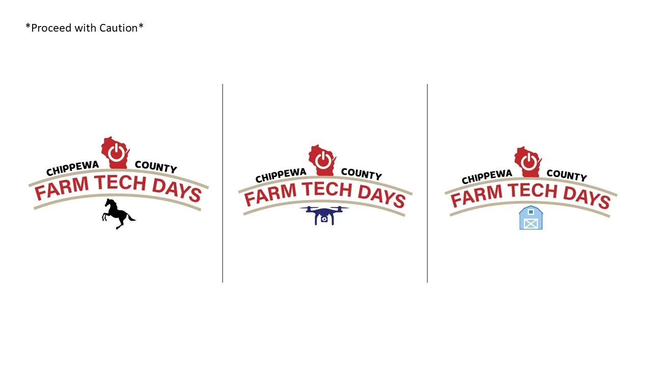 Logo for Chippewa County Farm Tech Days featuring a red farm equipment icon, the event name in red, and icons of a horse, drone, and barn representing different aspects of farm tech.