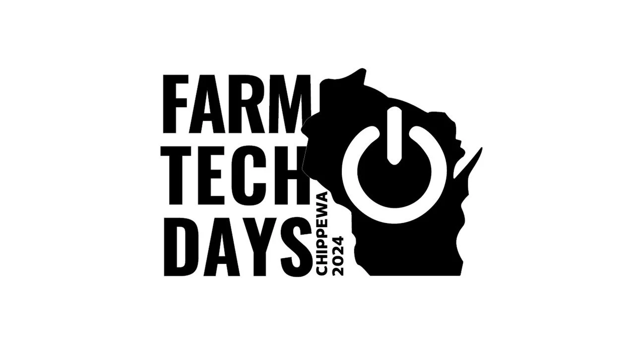 Logo for Farm Tech Days Chippewa 2024 featuring the outline of the state of Wisconsin with a power button symbol.