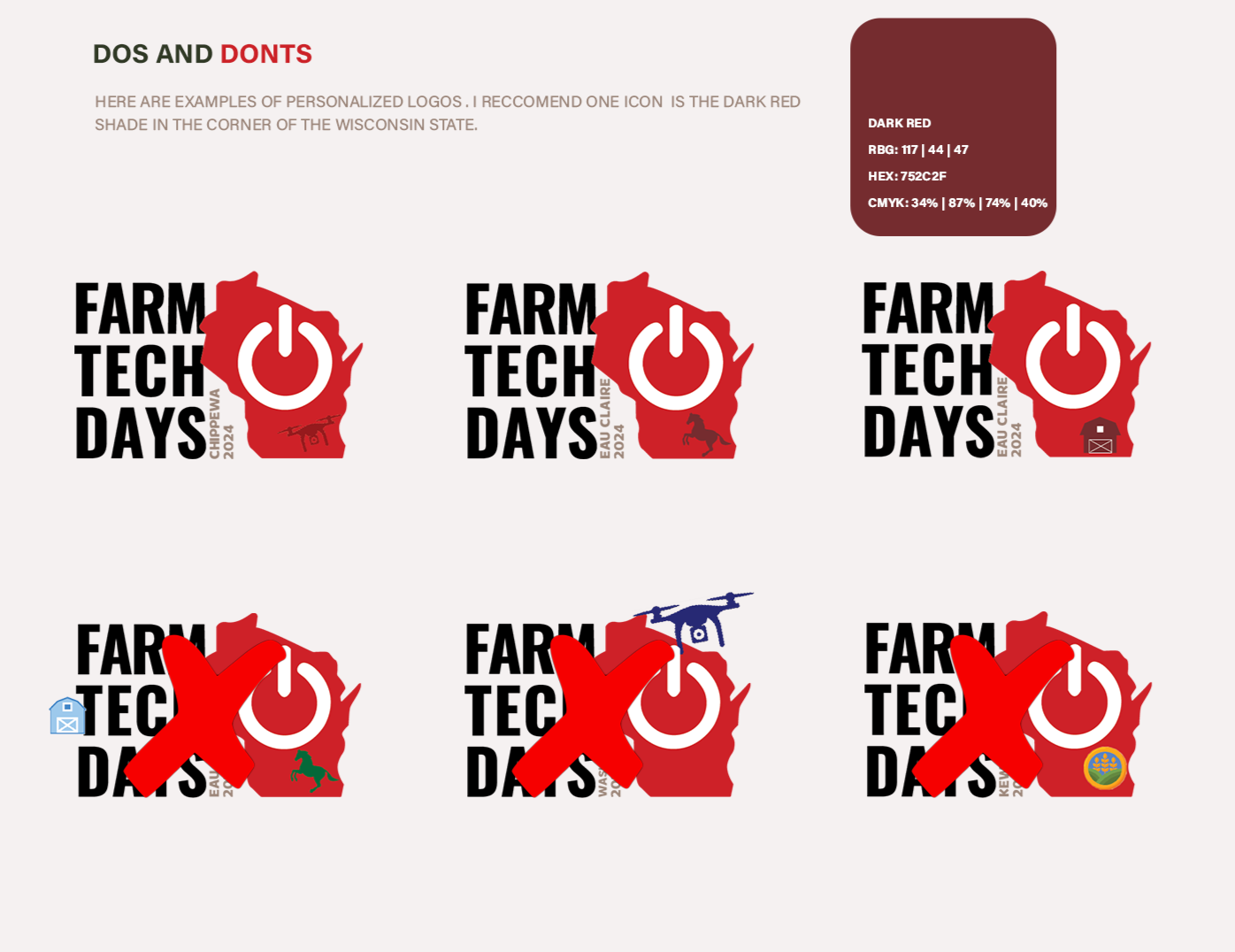 Different variations of the Farm Tech Days 2024 logo for Eau Claire and Chippewa, Wisconsin, with examples of recommended and not recommended icon styles, including color guidelines and icon placement.