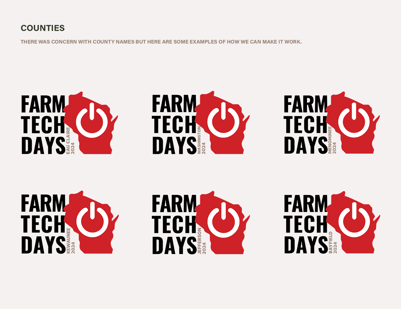 Six event logos for Farm Tech Days 2024, each featuring the outline of the state of Wisconsin in red with a white power button symbol, and black text indicating different Wisconsin counties and the year 2024.