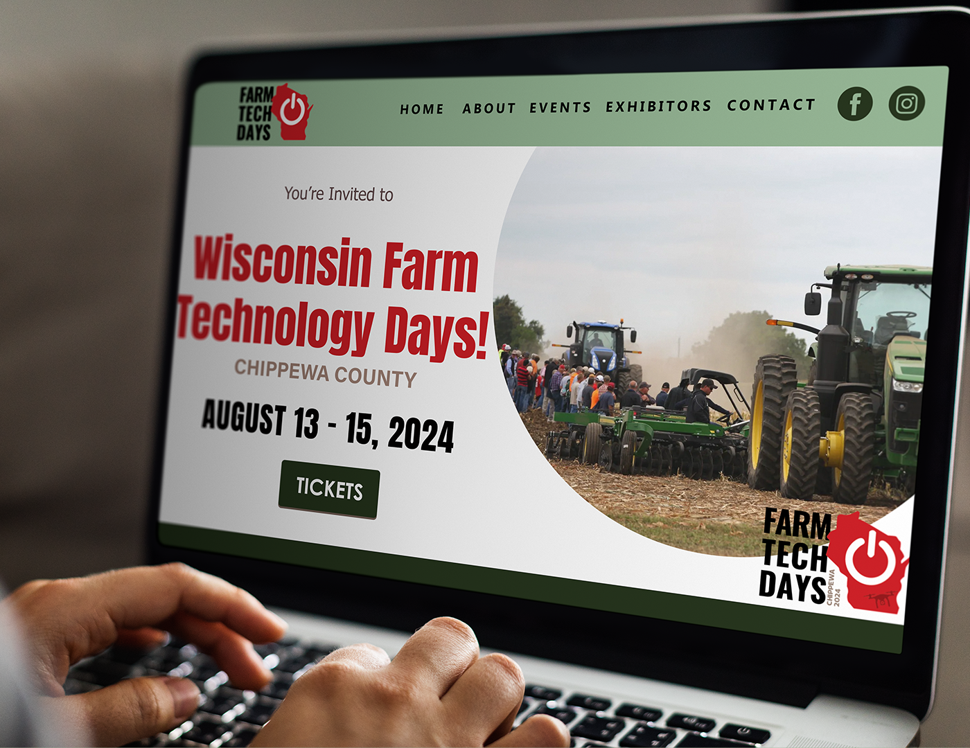 Laptop screen displaying a promotional flyer for Wisconsin Farm Technology Days with tractors and a crowd of people at a farm event. The flyer includes text about the event happening in Chippewa County from August 13 to 15, 2024, with a green and red