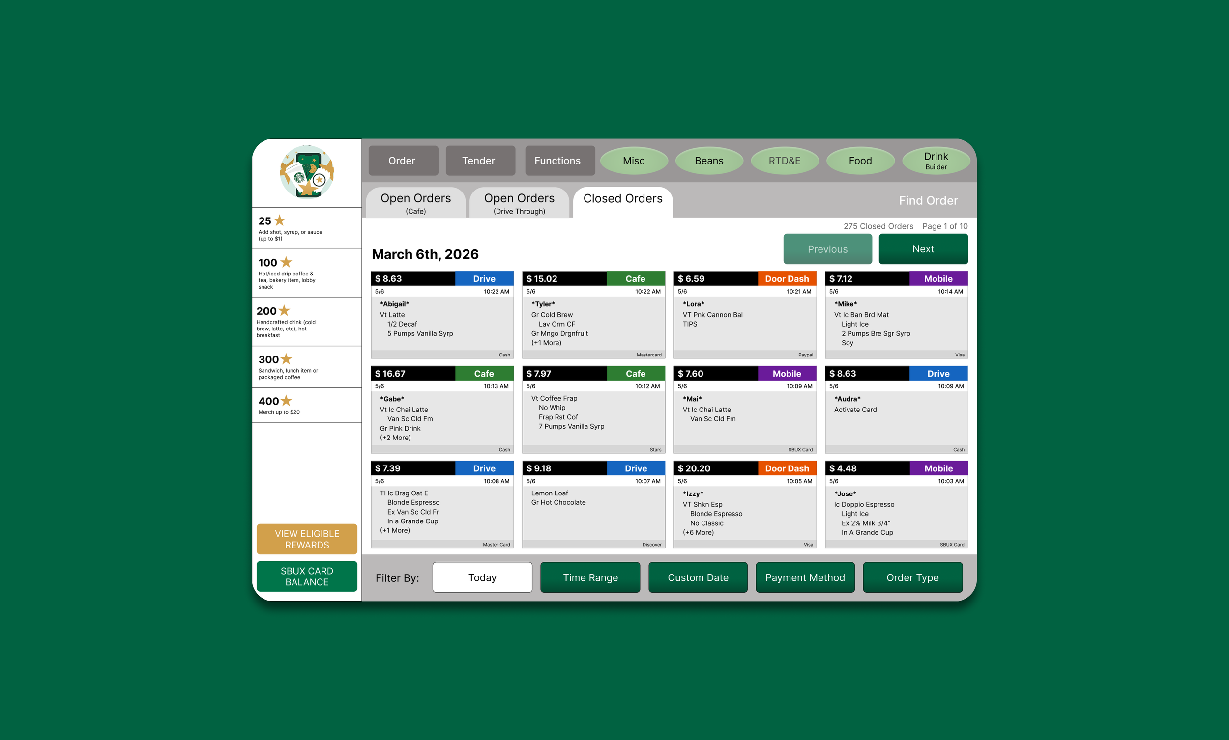Screenshot of a digital order management system with tabs for orders, tenders, functions, and categories like Misc, Beans, RTD&E, Food, and Drink. It displays various open, closed, and drive-thru orders with details including date, items, prices, and times. There are navigation buttons labeled Previous, Next, and filters for date, time range, and payment method.