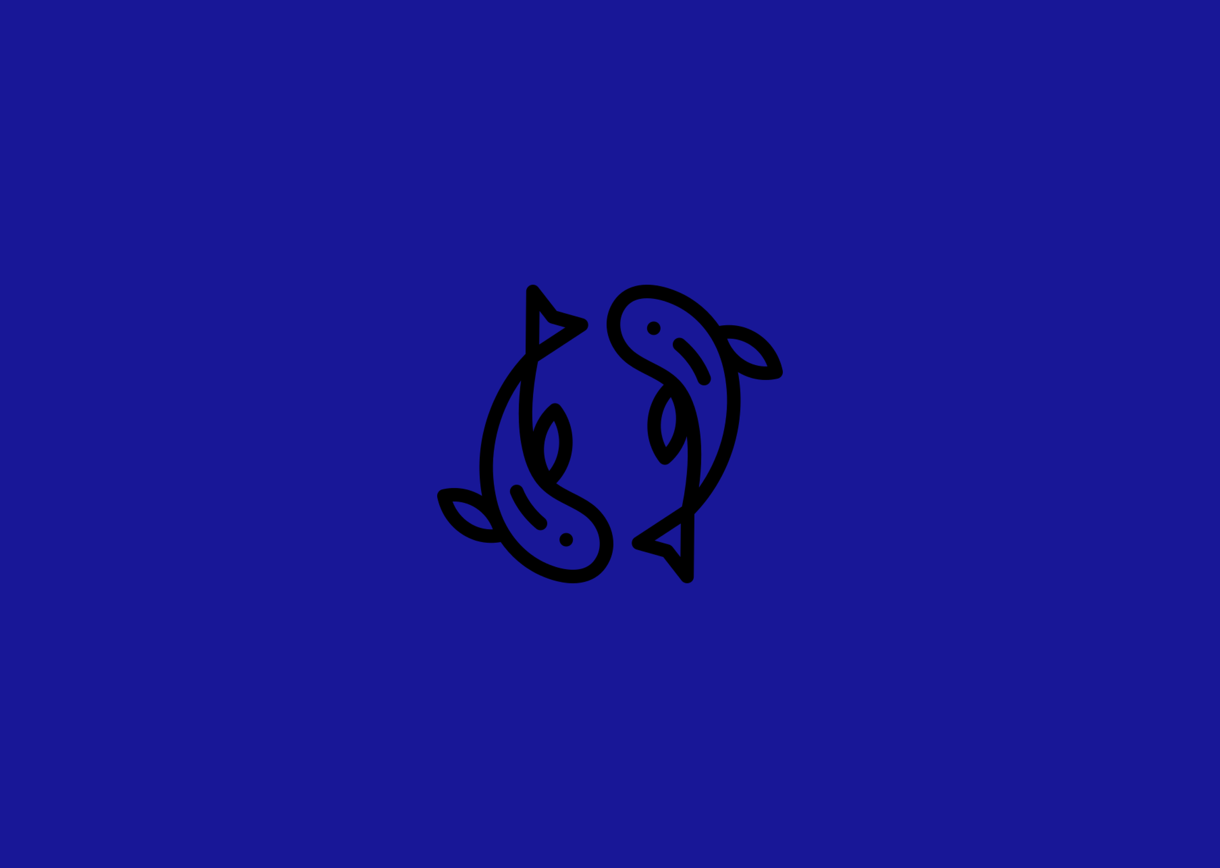 Outline drawing of two fish swimming in a circle on a dark blue background.
