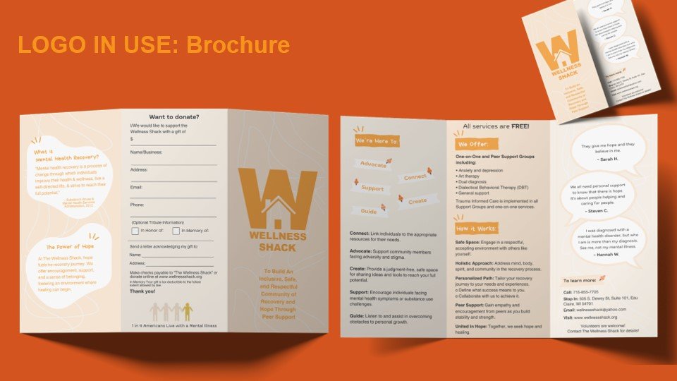 Tri-fold brochure for Wellness Shack featuring orange and white design with sections on services, donation form, and contact information.