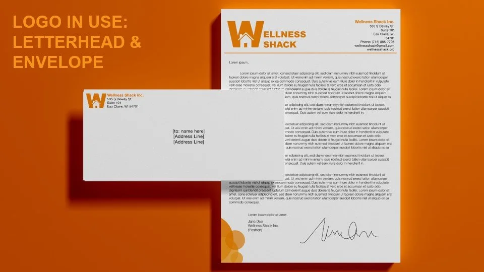 A letterhead and envelope from Wellness Shack Inc., both featuring an orange and white logo with a house symbol. The letterhead contains placeholder text and a signature at the bottom, while the envelope has space for recipient information. Both are set against an orange background.