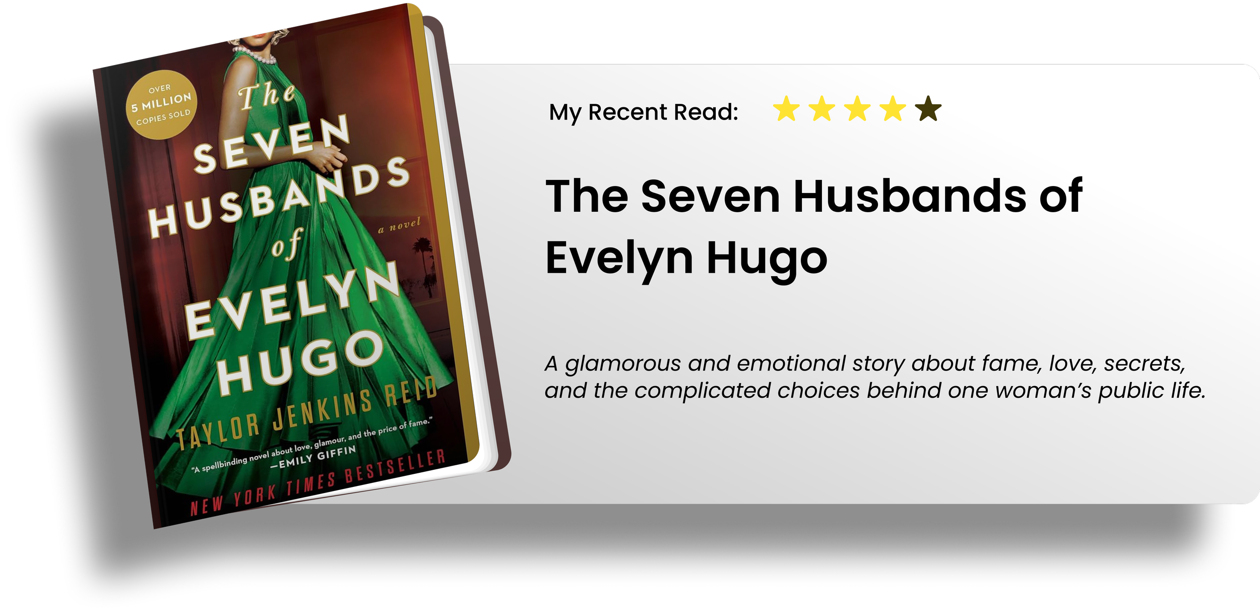 Book cover for "The Seven Husbands of Evelyn Hugo" by Taylor Jenkins Reid, featuring a woman in a green gown and a pearl necklace, with a sunset and palm trees in the background.