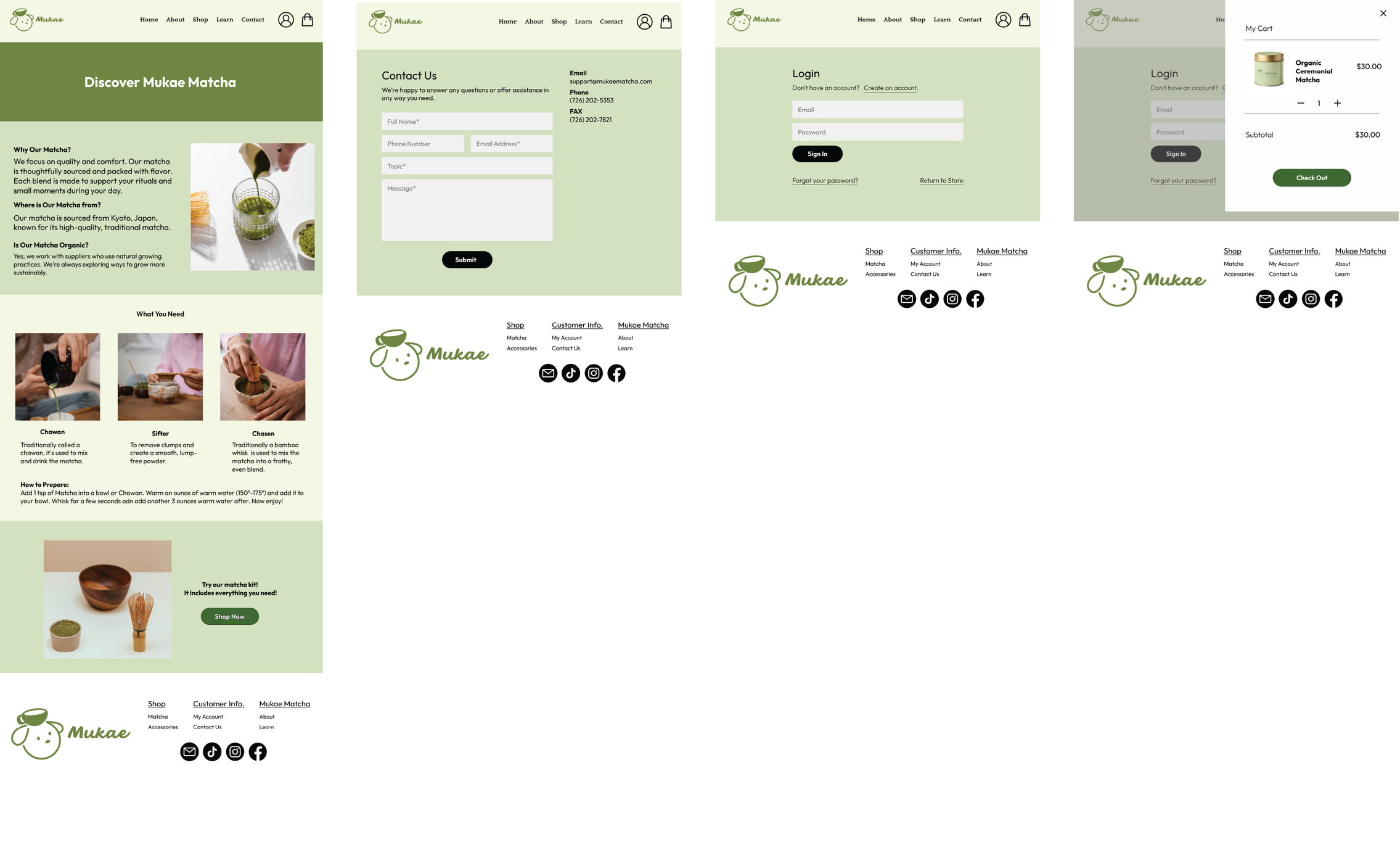 Screenshots of a website for Mukae, a company that sells matcha products. The website features sections about the company and matcha, contact information, login page, shopping cart, and footer with social media links.