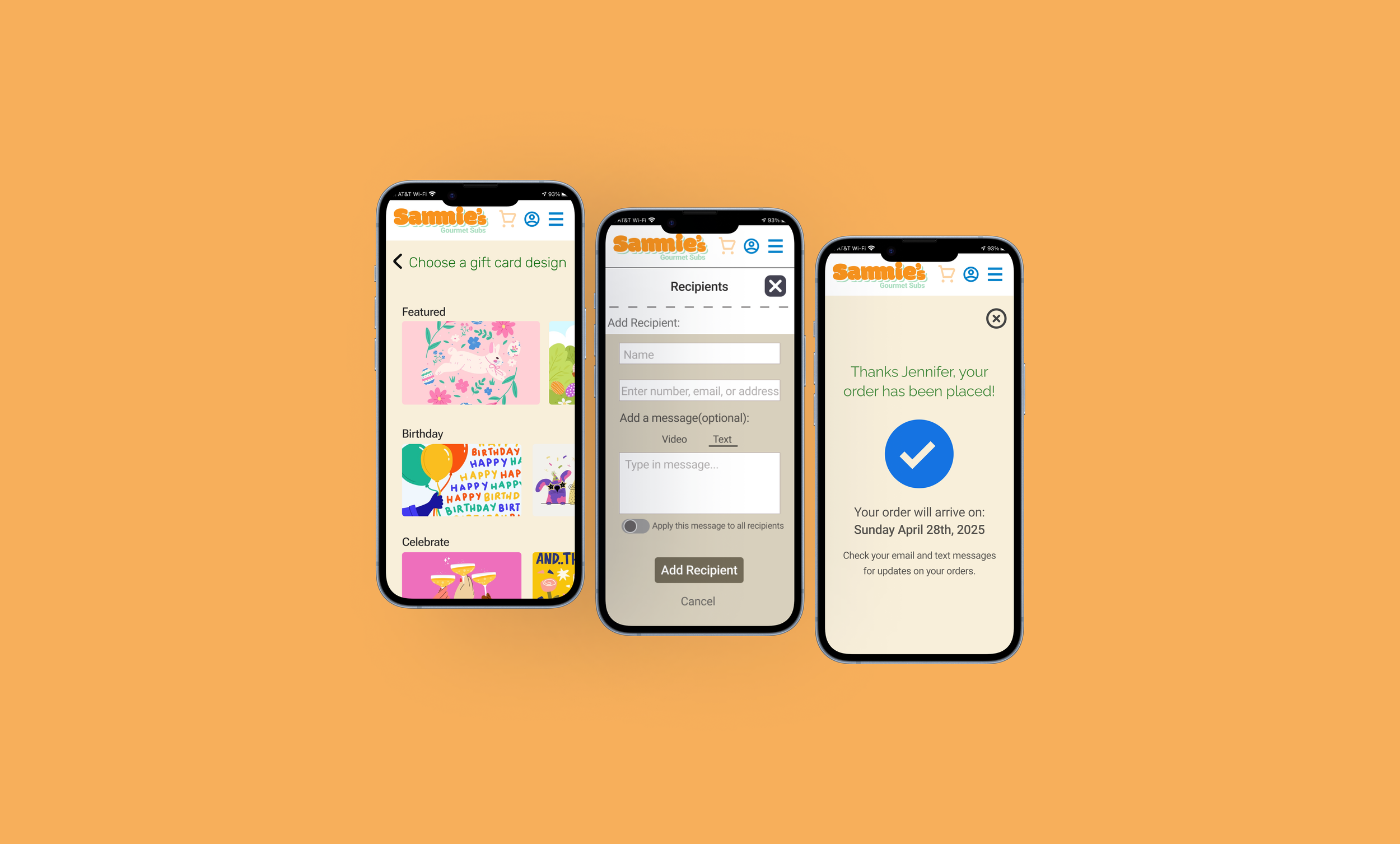 Three smartphone screens displaying the Sammie's Gourmet Subs app with gift card customization, recipient details, and order confirmation on a orange background.