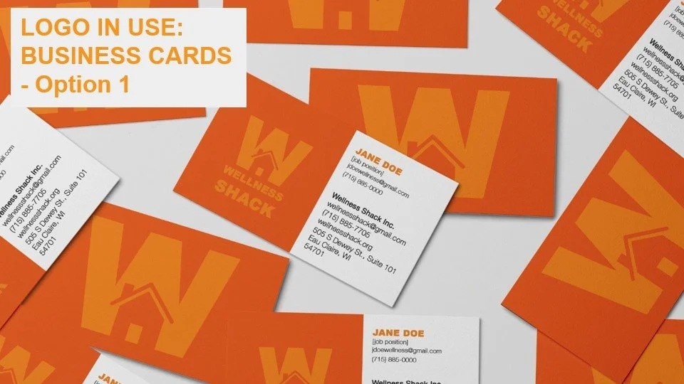 Several orange and white business cards with the Wellness Shack logo and contact information scattered around an orange background.