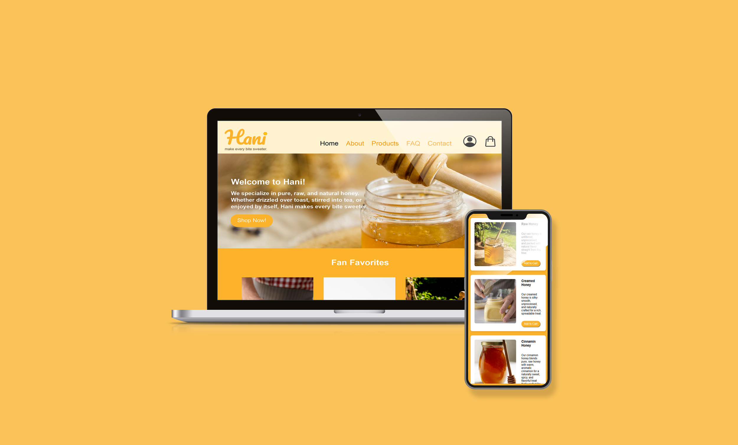 A laptop and smartphone displaying a honey product website on a yellow background.