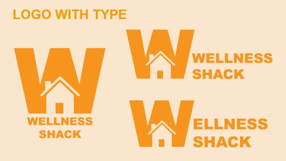 Three versions of a logo with the letter W in orange, a house silhouette integrated into the W, and the text 'WELLNESS SHACK' in orange, with variety in font size and placement.