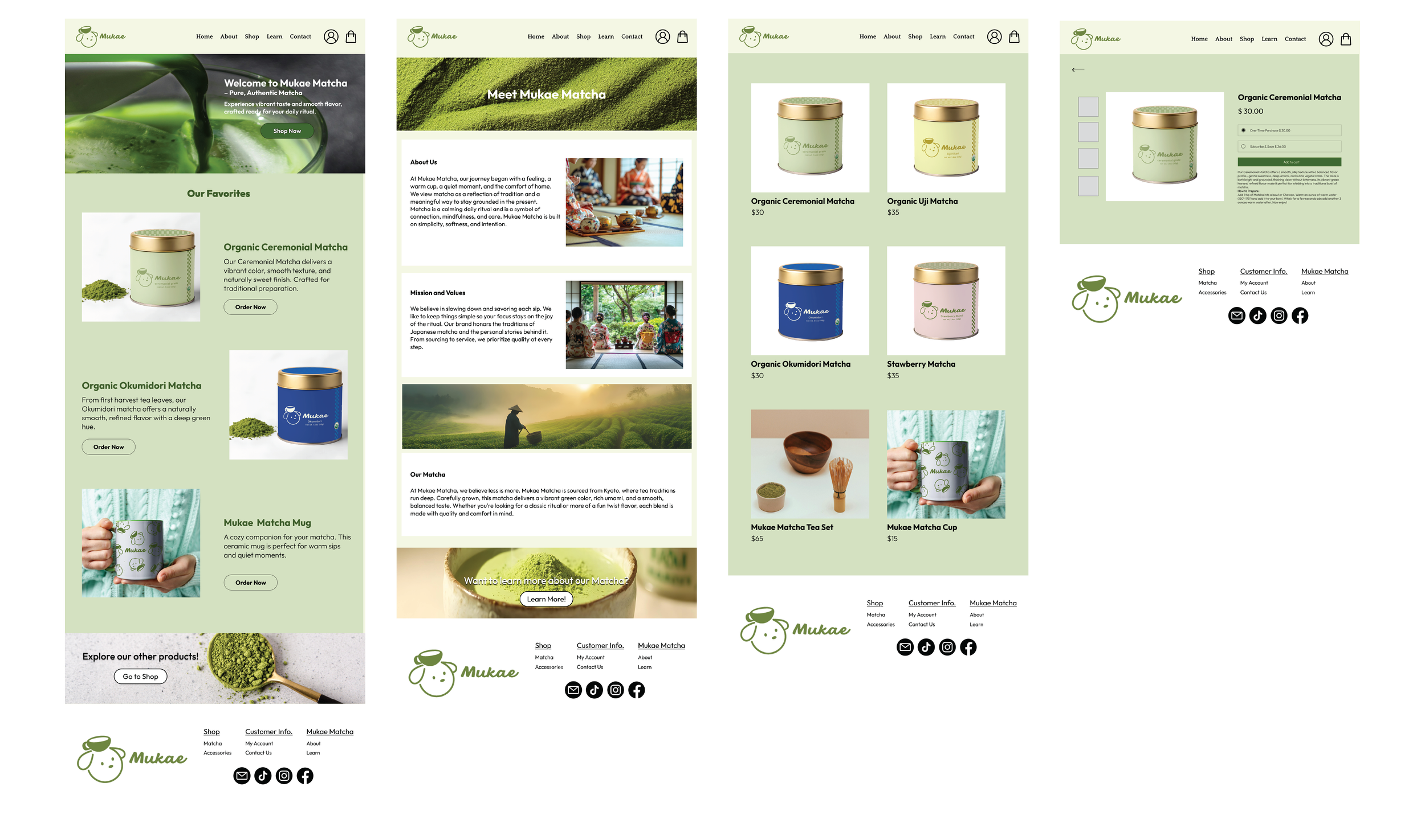 Screenshots of a bamboo-themed website selling matcha products, featuring a green, white, and gold color palette, with images of matcha powders, tins, cups, and accessories, including product descriptions and pricing.