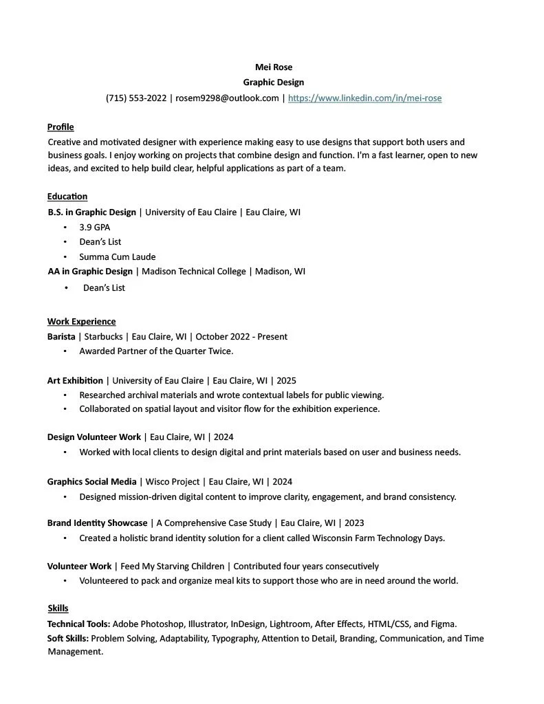 A resume or CV for Mei Rose, a graphic designer, including contact information, profile summary, education background, work experience, volunteer work, skills, and tools proficiency, structured in sections with bullet points.