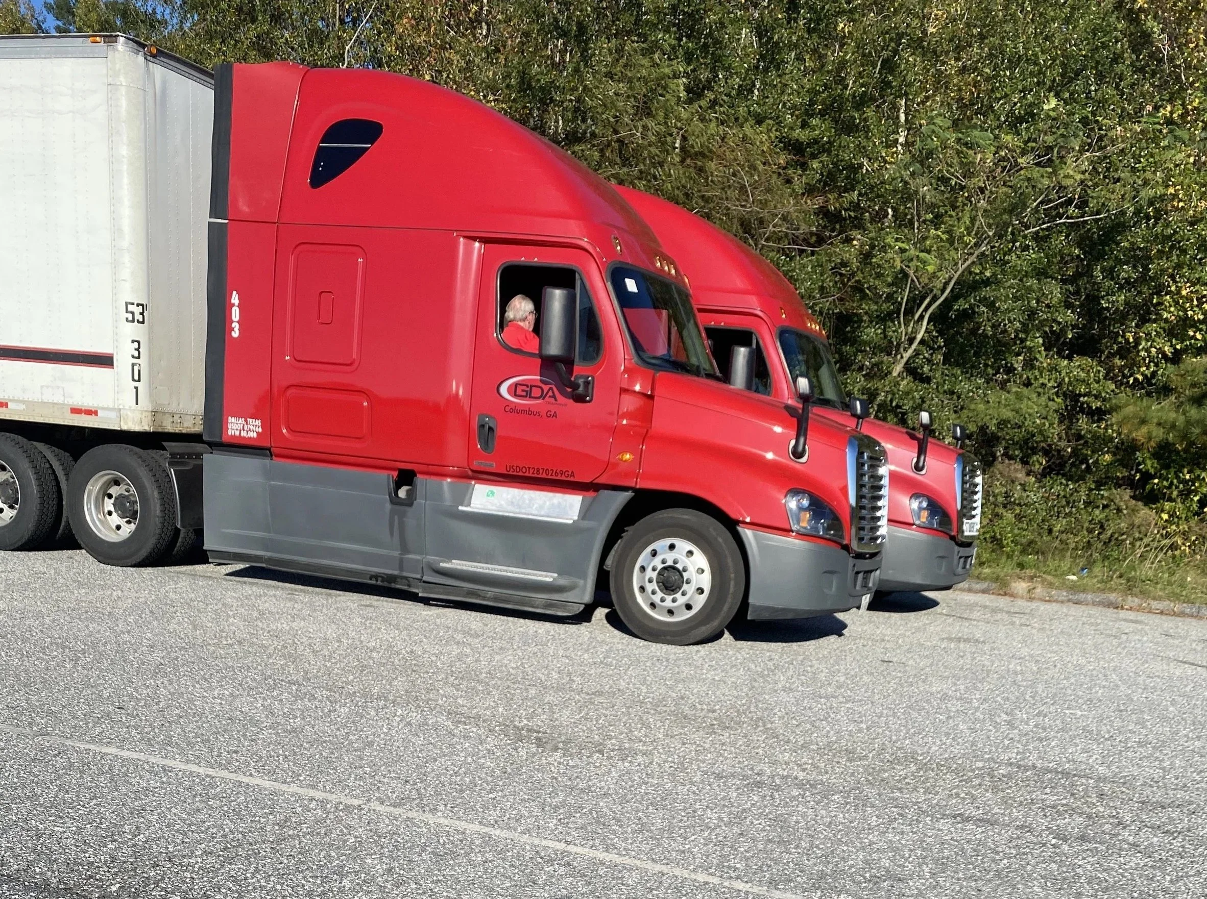 Red semi-truck parked on the side of a road with green trees in the background.