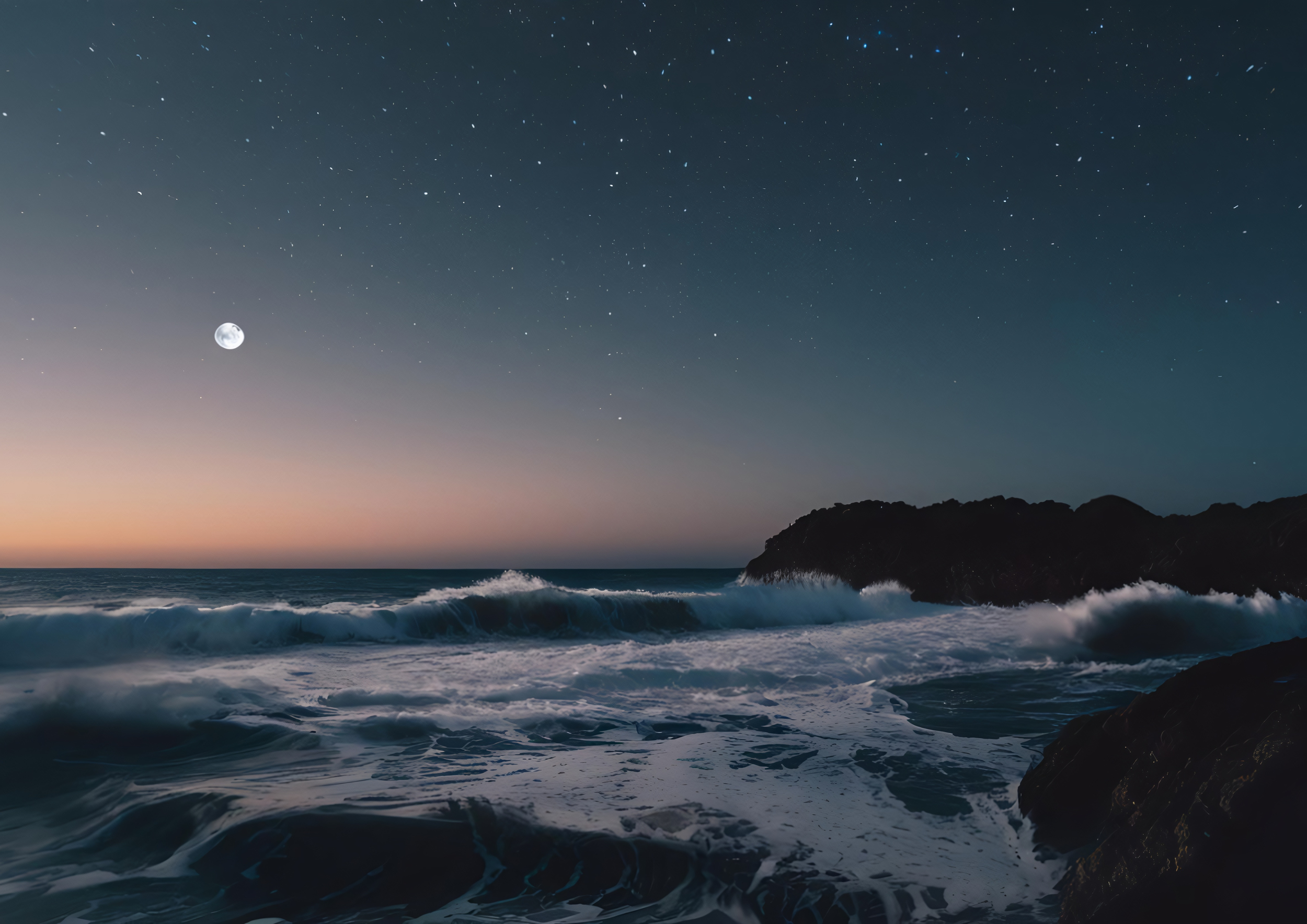 Nighttime view of the ocean with waves crashing against rocks, under a starry sky with a visible moon.
