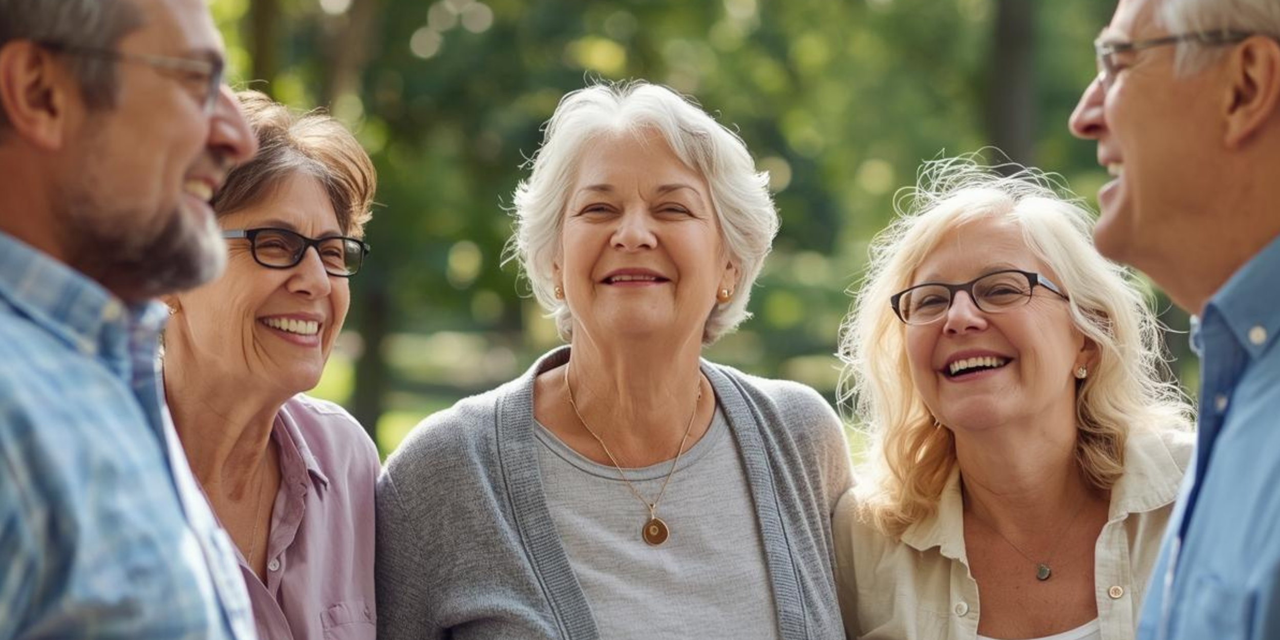 Group of five seniors smiling and talking outdoors in a park.