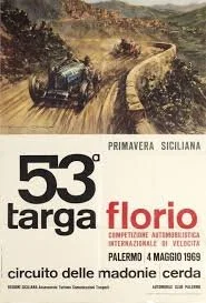 Original 1969 53rd Targa Florio race poster , illustration after Frederick Gordon Crosby, 1885–1943) Condition excellent A to A+ conserved onto Japanese Mulbery paper by museum trained conservator. Printed by Telestar Editoriale Poligrafica, Palermo.