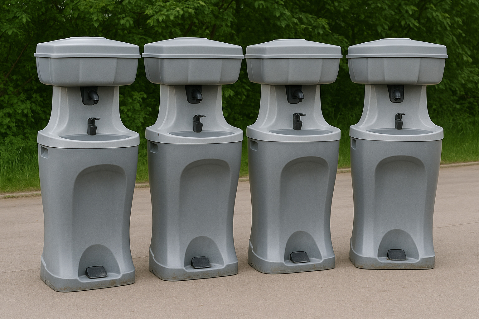 Four gray public water fountains with green trees in the background.