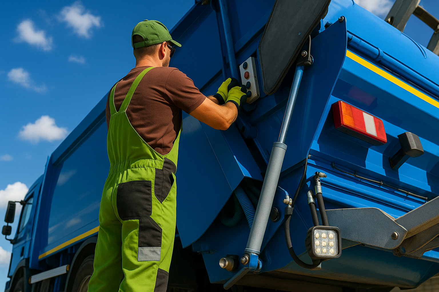 Worker in green coveralls and cap inspecting or repairing a large blue garbage truck under a clear sky.