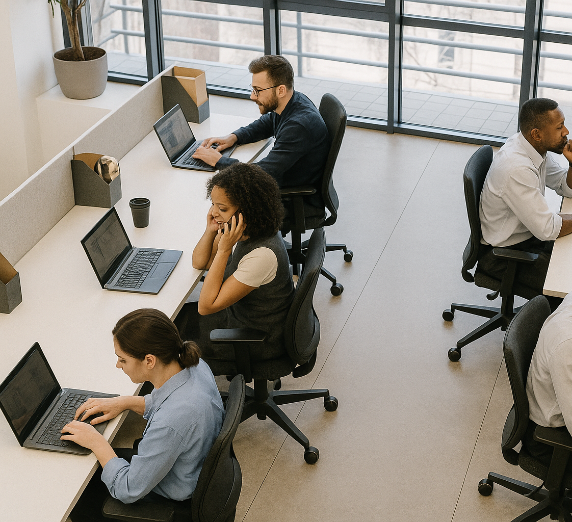 Office workers sitting at desks, using laptops, in a modern workspace with large windows and a potted plant.