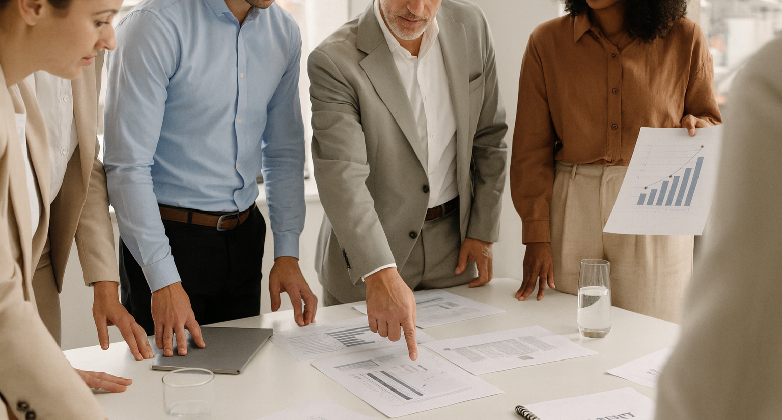 Business team in a meeting discussing graphs and financial reports.