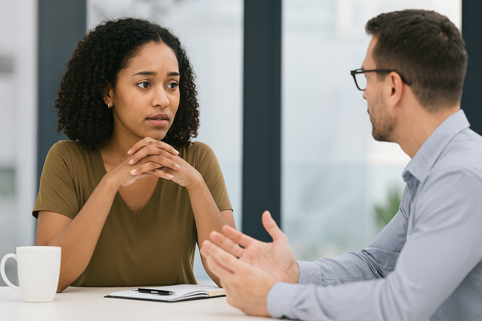 A woman and a man are having a serious conversation at a table in an office setting, with the woman showing concern and the man gesturing with his hands.