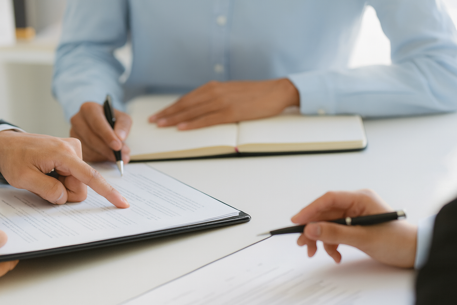 Close-up of two people in business attire discussing documents and taking notes in a meeting.